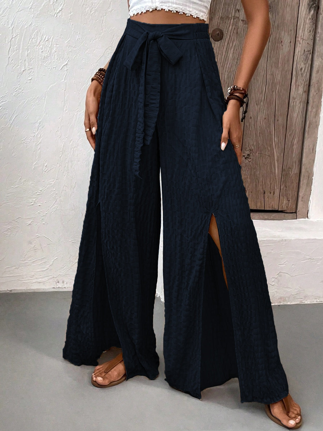 Honey Tied Slit Wide Leg Pants - The Goddess Galleries