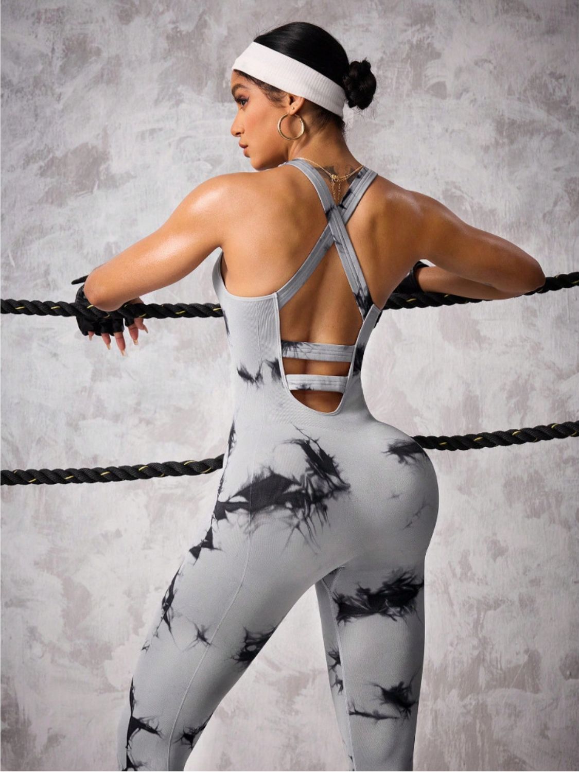 Back Crisscross Tie-Dye Scoop Neck Active Jumpsuit - The Goddess Galleries