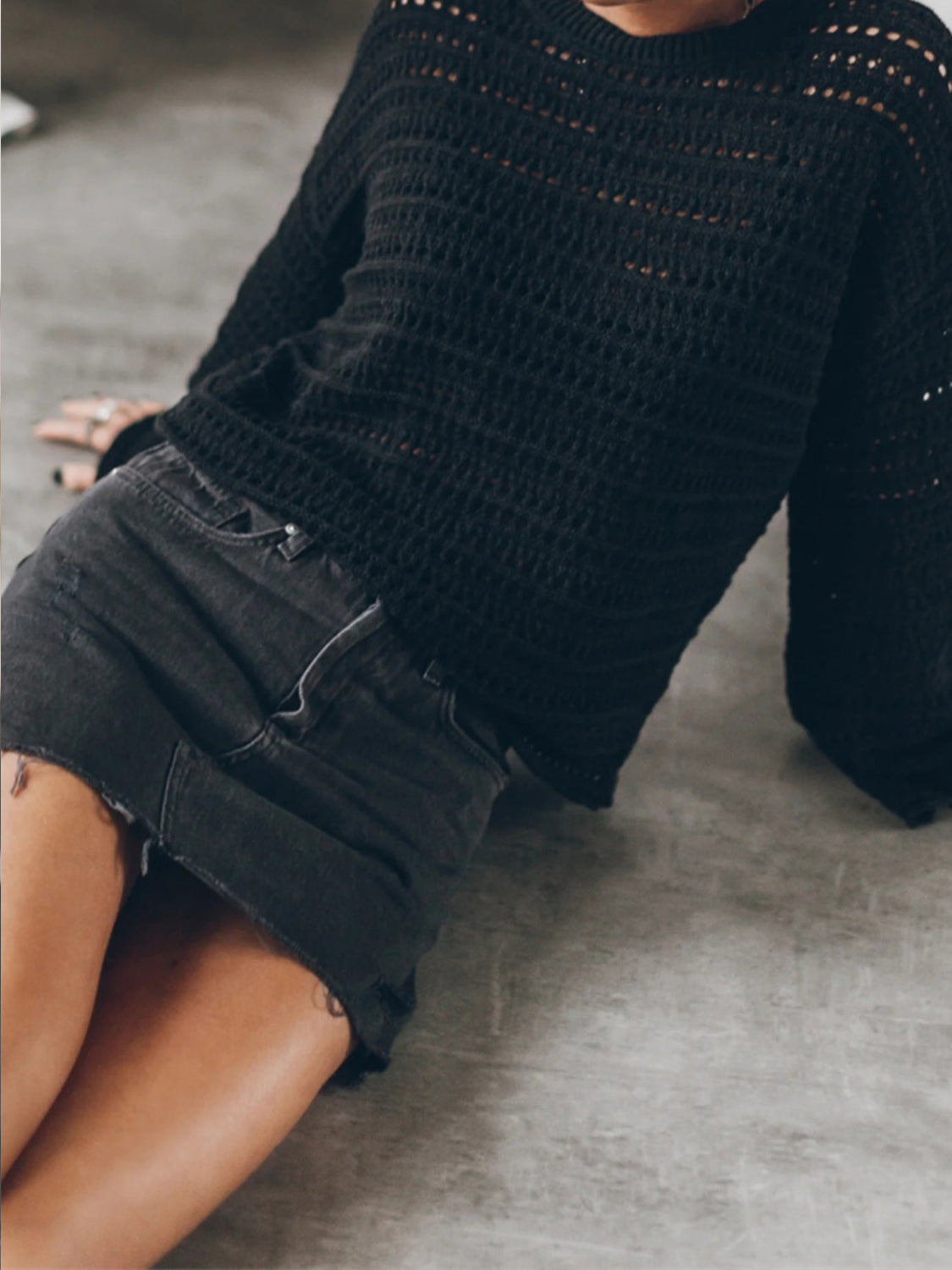 Openwork Round Neck Dropped Shoulder Knit Top - The Goddess Galleries