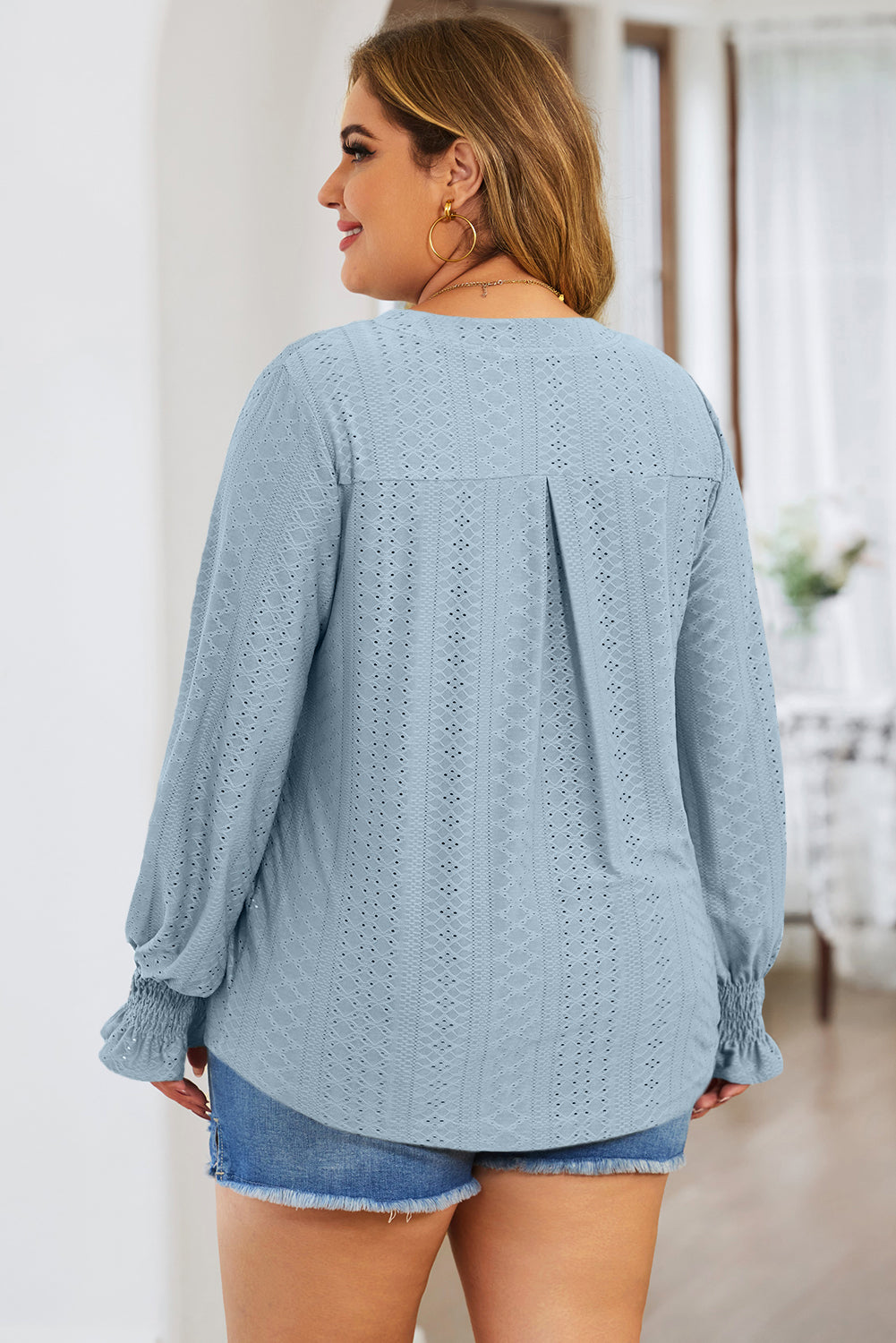 Plus Size Eyelet Notched Flounce Sleeve Blouse - The Goddess Galleries