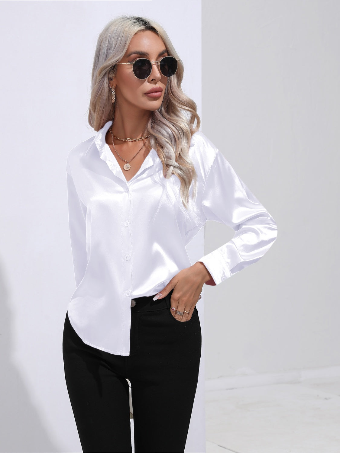 Collared Neck Buttoned Long Sleeve Shirt - The Goddess Galleries