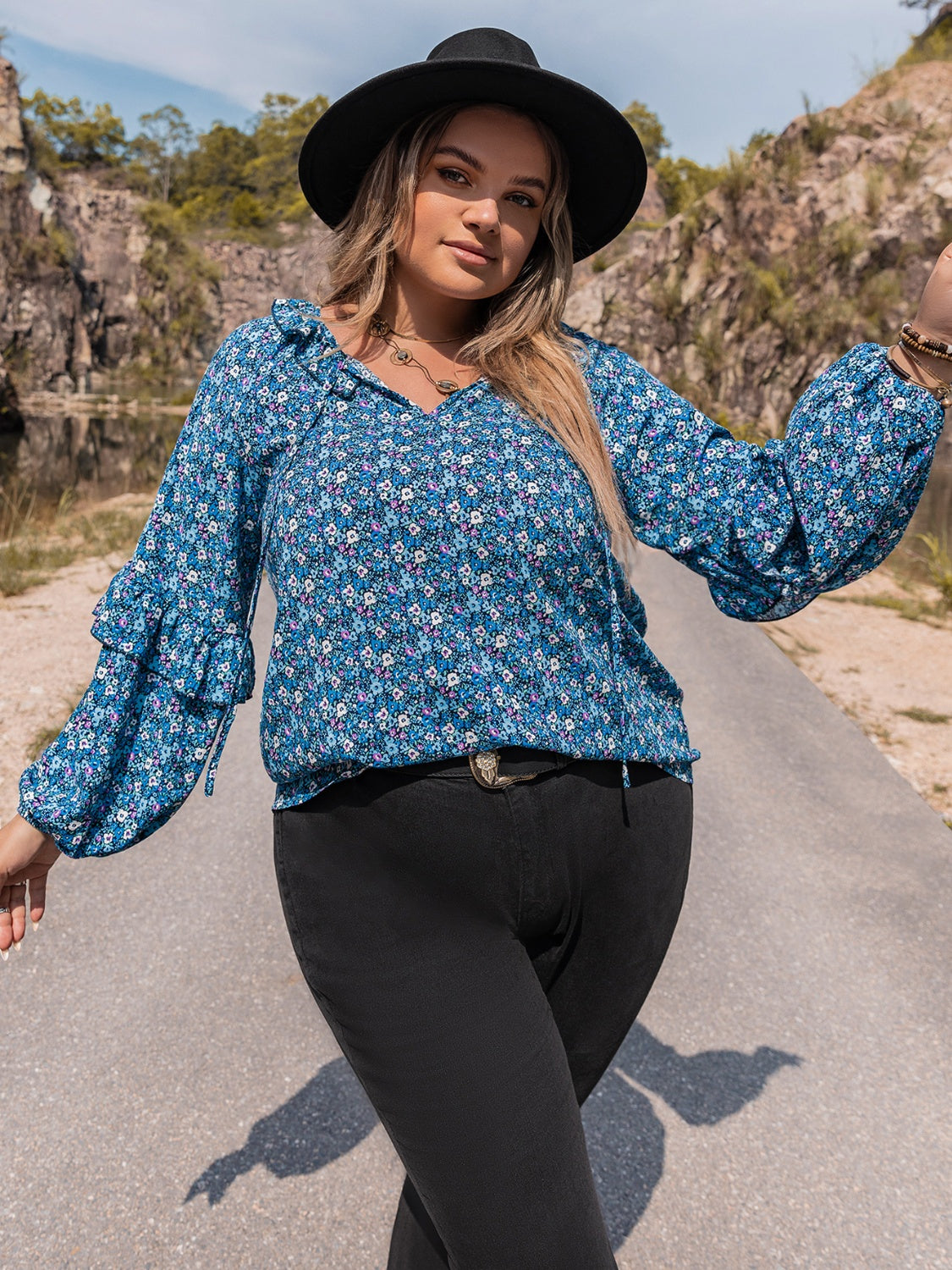 Plus Size Tie Neck Ruffled Blouse - The Goddess Galleries