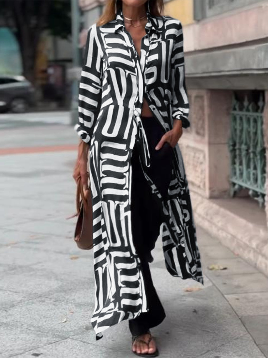 Contrast Collared Neck Long Sleeve Longline Shirt - The Goddess Galleries