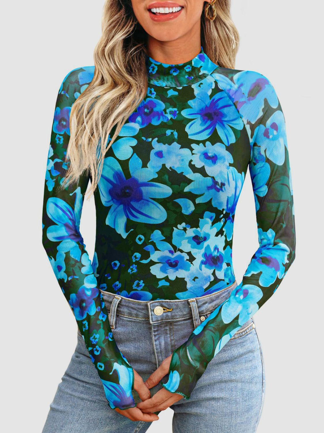Floral Mock Neck Long Sleeve T-Shirt - The Goddess Galleries