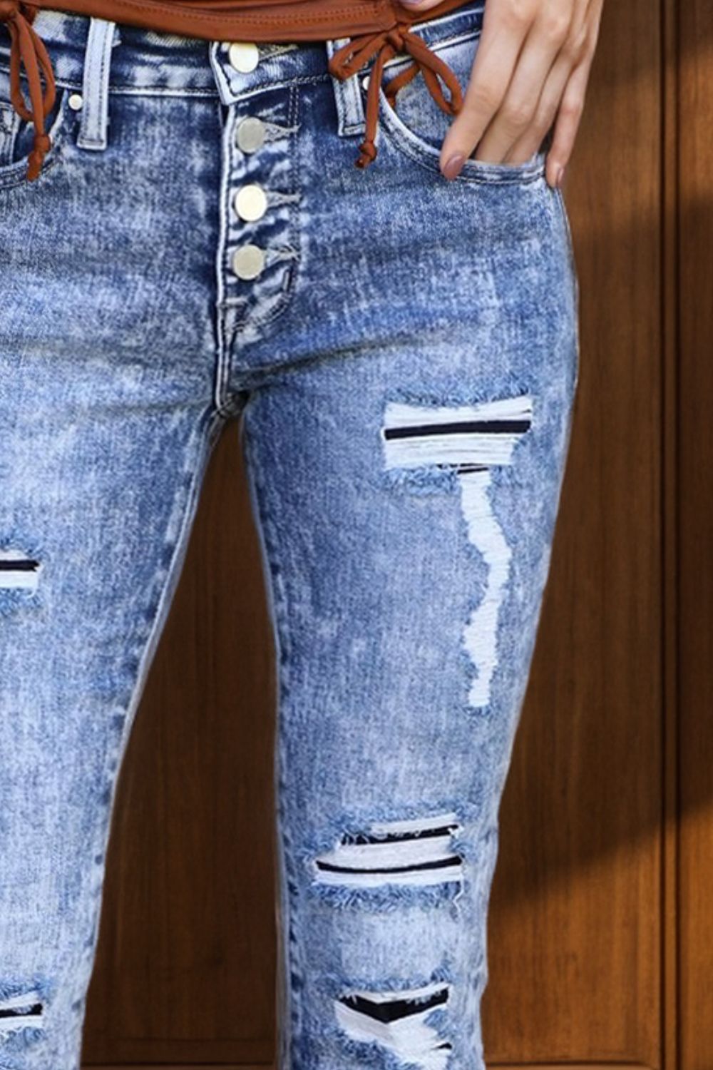 Distressed Button-Fly Bootcut Jeans with Pockets - The Goddess Galleries