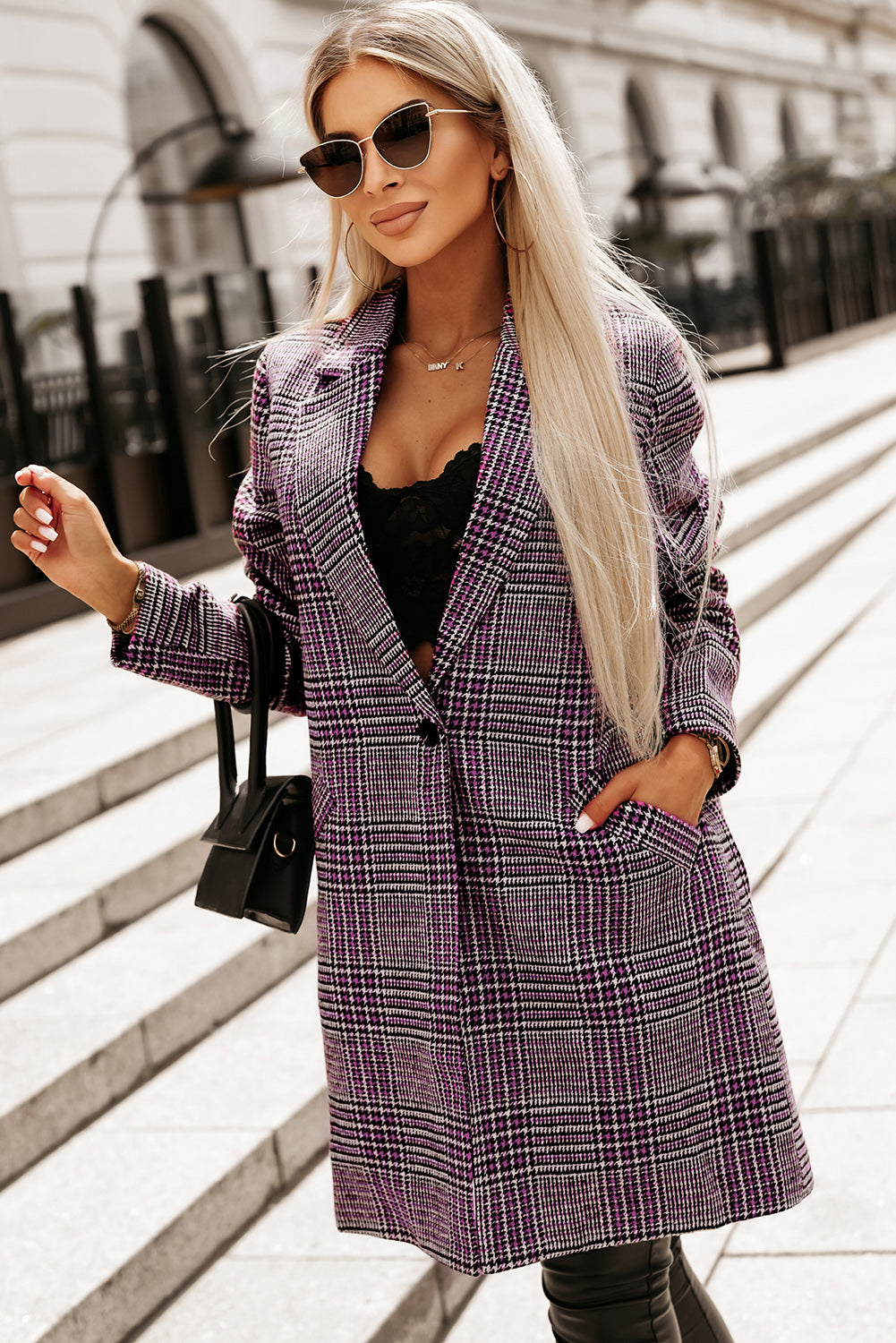 Plaid Lapel Collar Longline Blazer - The Goddess Galleries