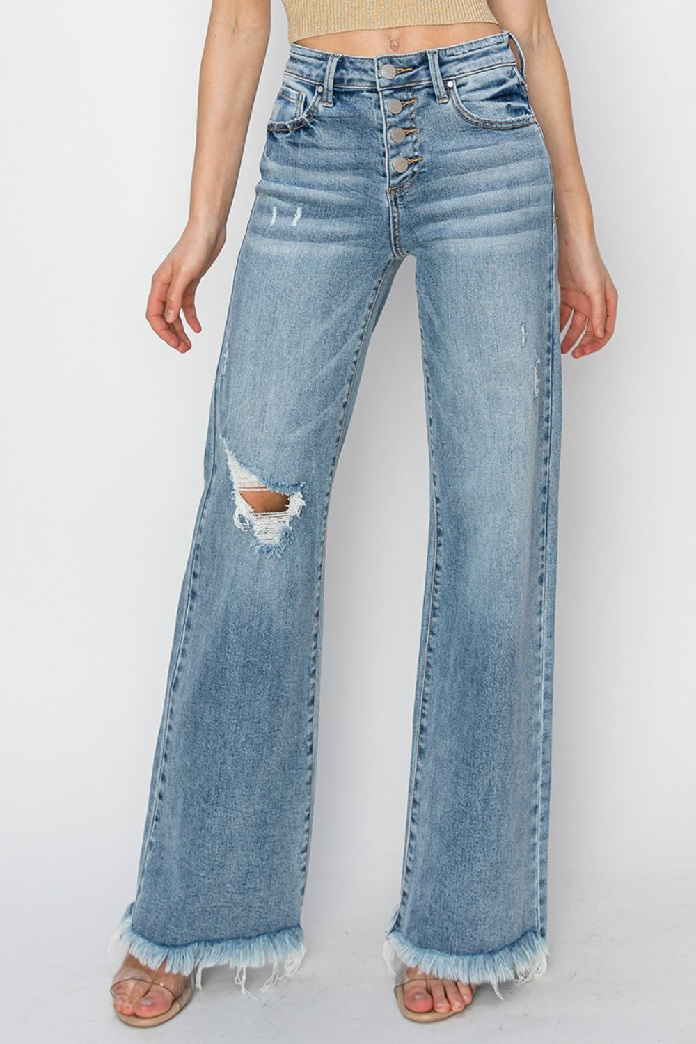 RISEN Mid Rise Button Fly Wide Leg Jeans - The Goddess Galleries