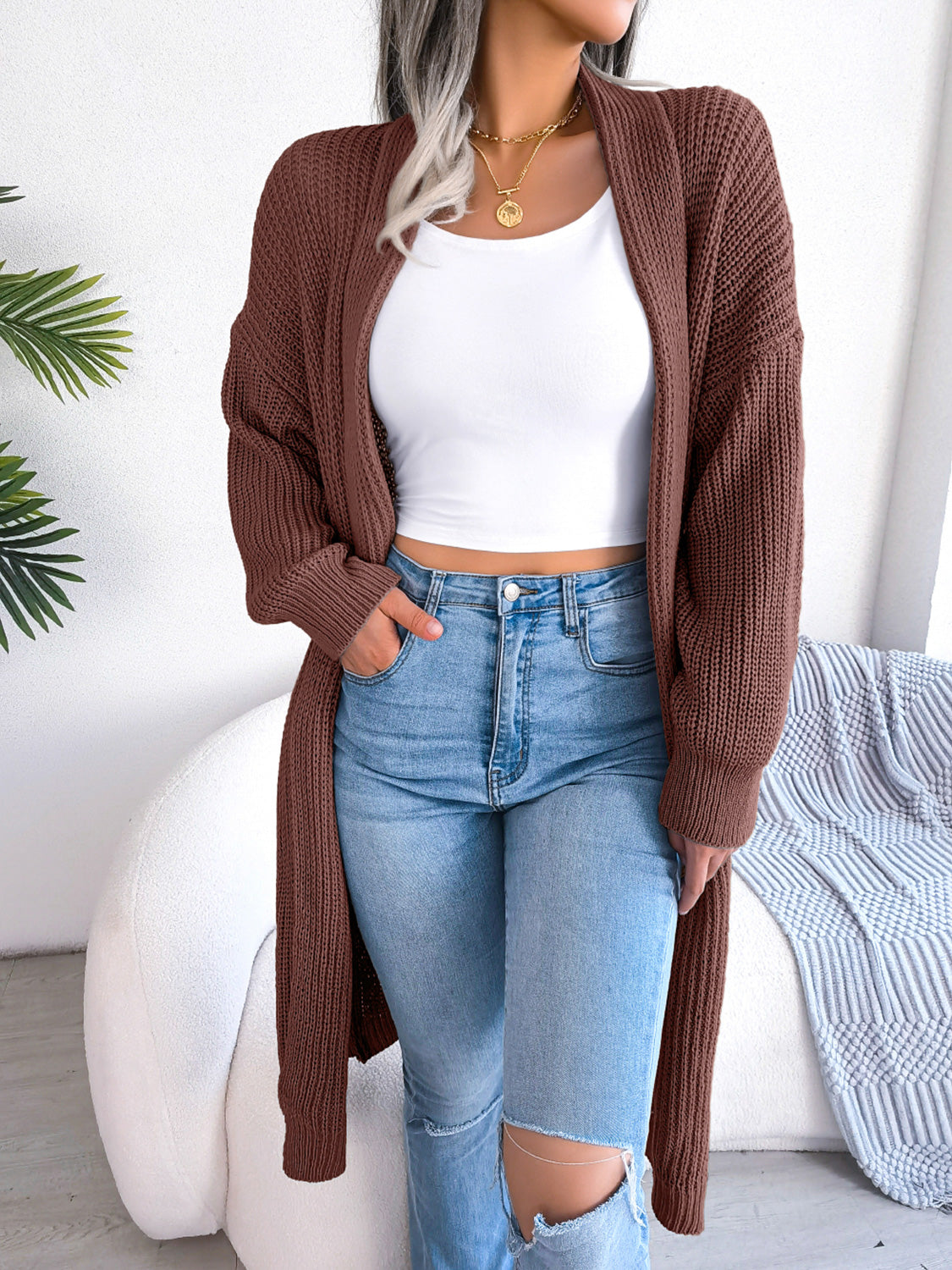 Open Front Dropped Shoulder Longline Cardigan - The Goddess Galleries