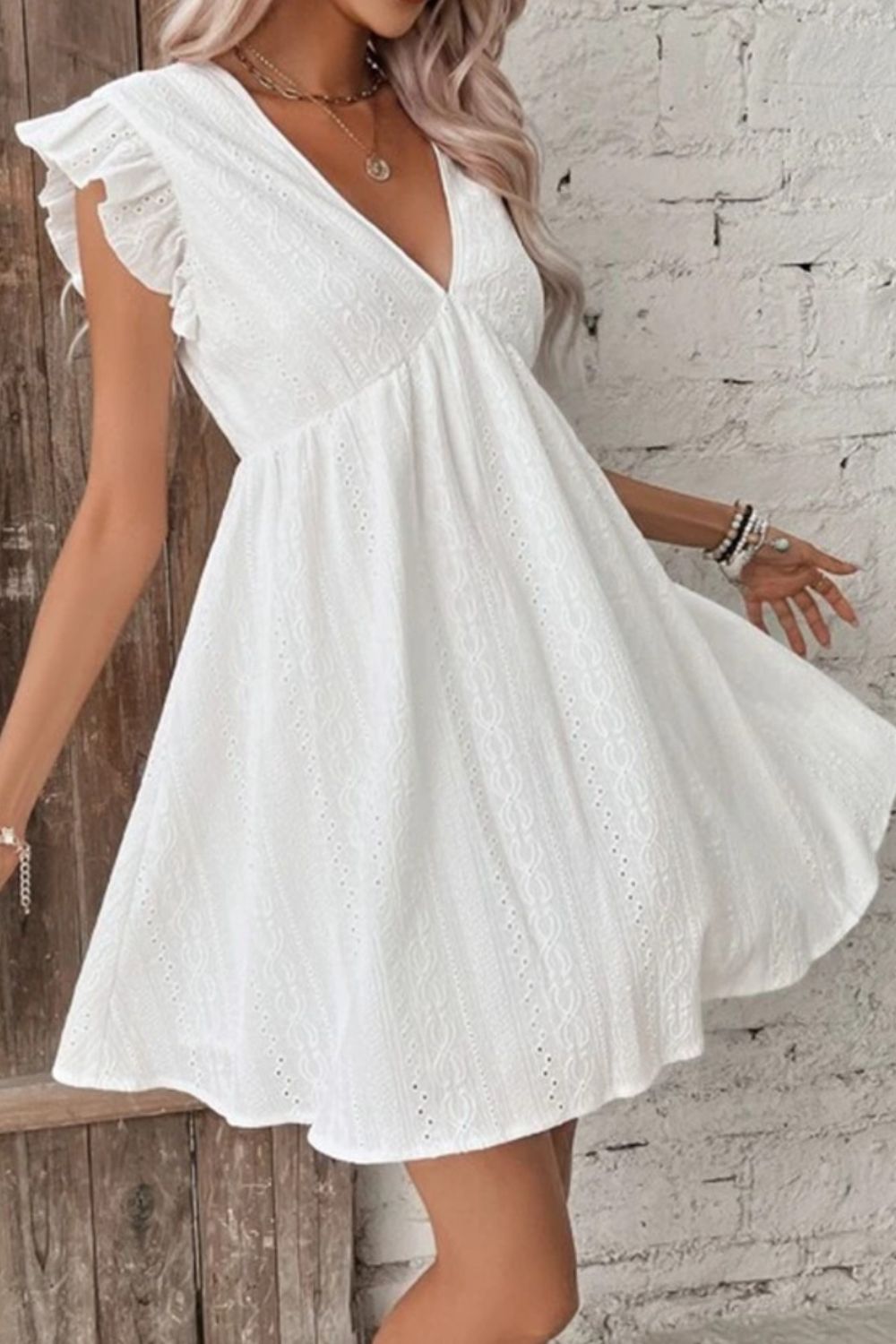 Eyelet Ruffled Cap Sleeve Mini Dress - The Goddess Galleries