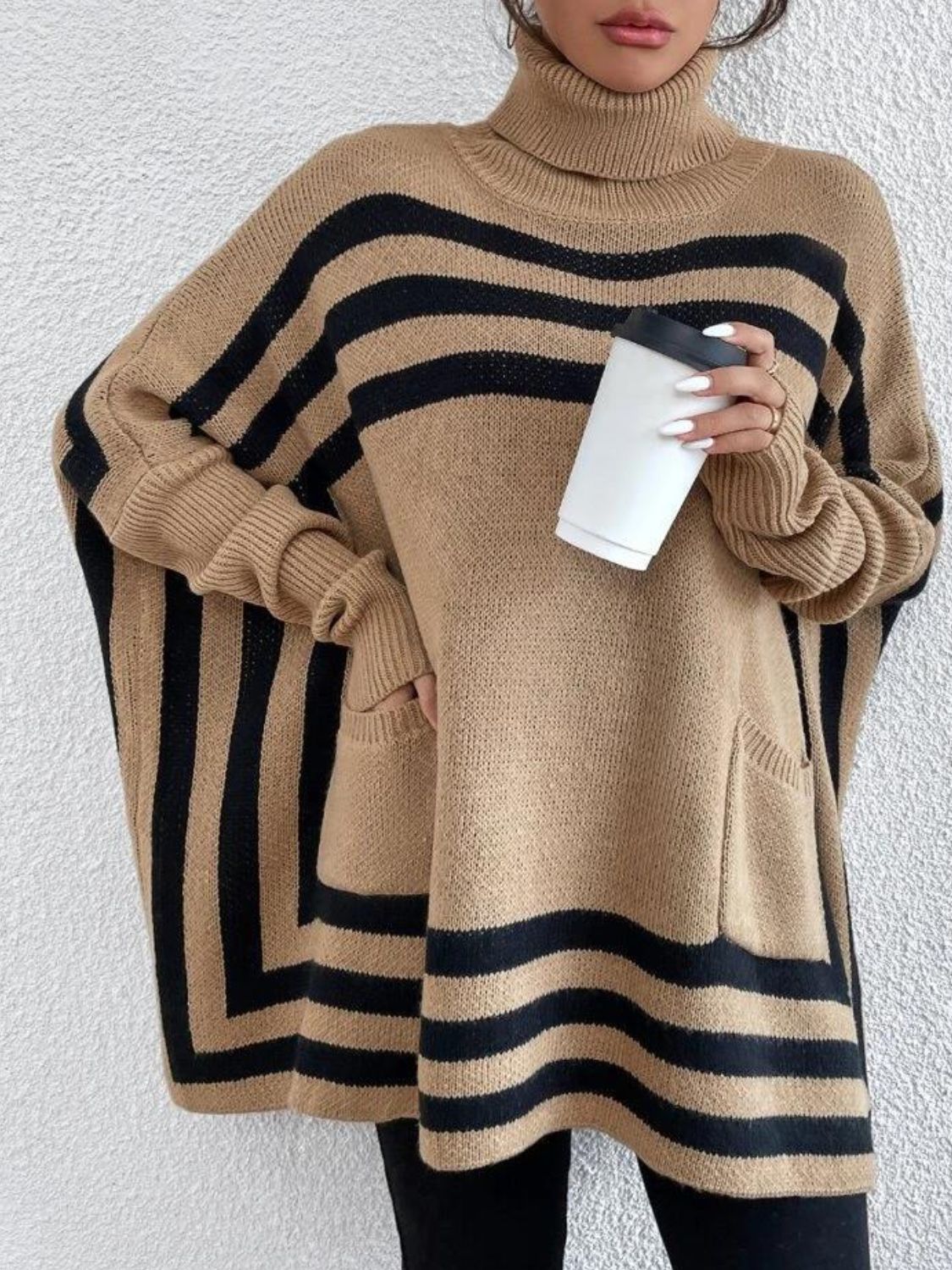 Striped Turtleneck Batwing Sleeve Sweater with Pockets - The Goddess Galleries