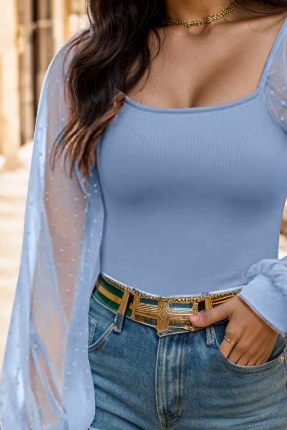 Polka Dot Square Neck Lantern Sleeve Blouse - The Goddess Galleries