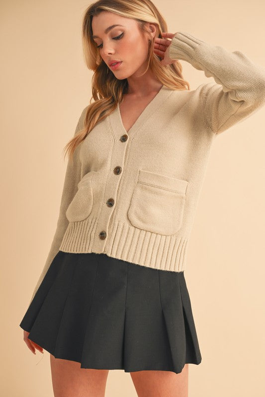 Aemi + Co Ribbed Hem Button Down V-Neck Cardigan - The Goddess Galleries