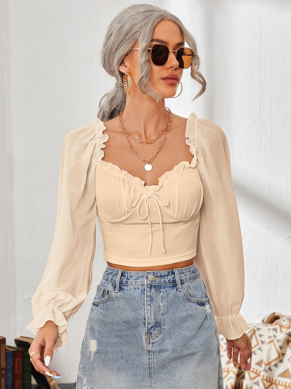 Mesh Sweetheart Neck Flounce Sleeve Top - The Goddess Galleries