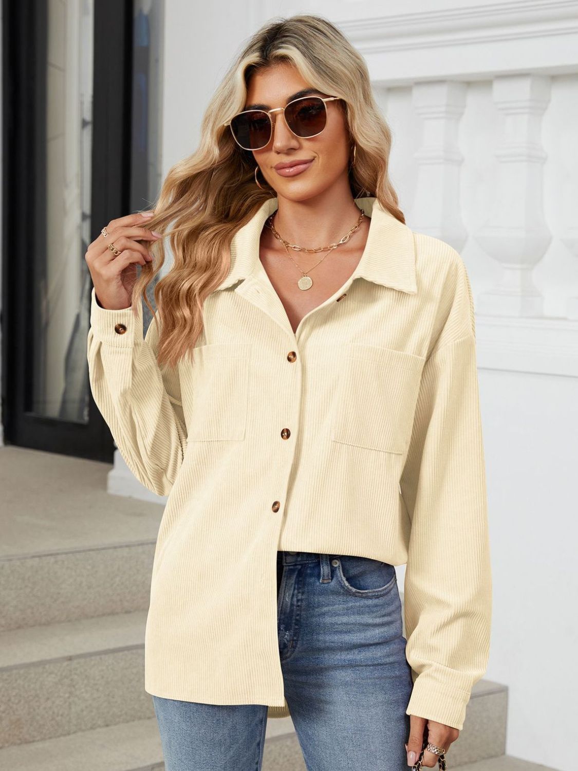 Button Up Long Sleeve Shirt with Breast Pockets - The Goddess Galleries