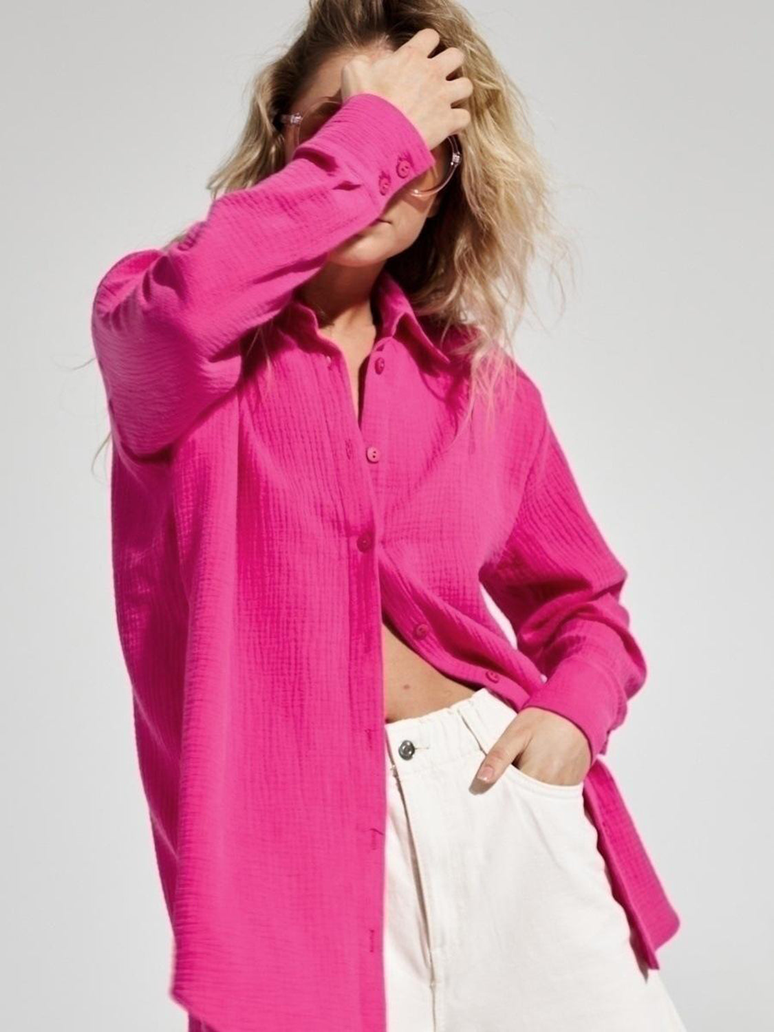 Textured Collared Neck Long Sleeve Shirt - The Goddess Galleries