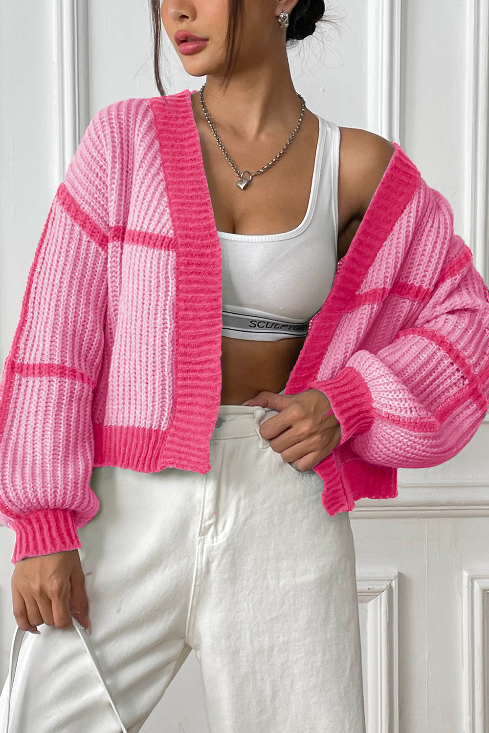 Contrast Open Front Long Sleeve Cardigan - The Goddess Galleries