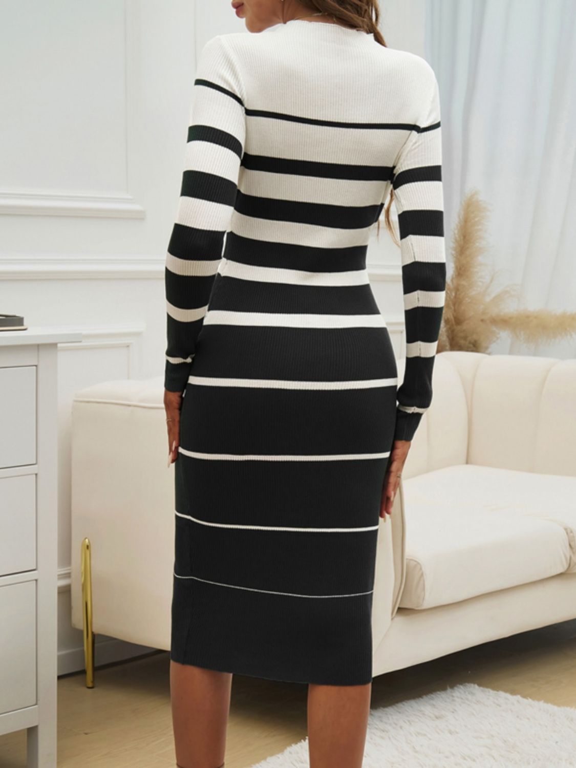 Devine Color Block Round Neck Long Sleeve Midi Dress - The Goddess Galleries