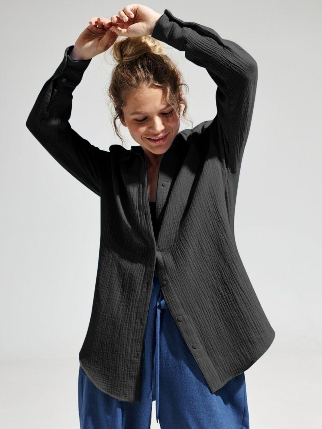 Textured Collared Neck Long Sleeve Shirt - The Goddess Galleries