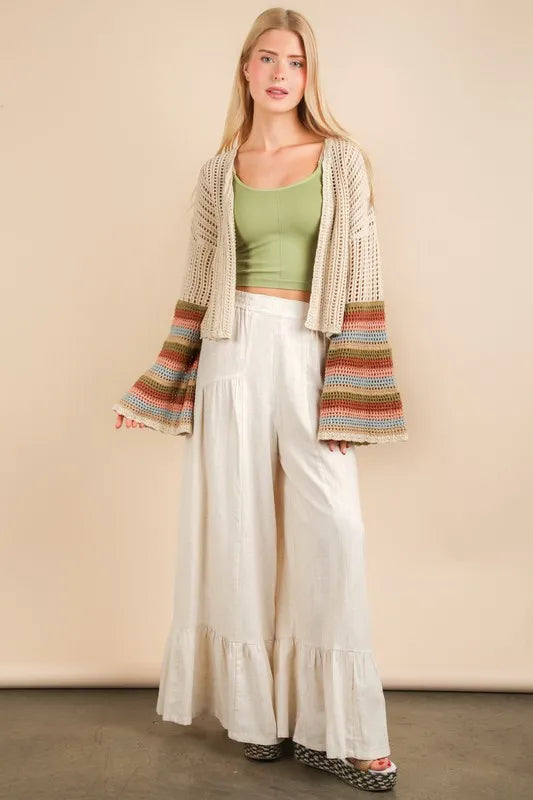 VERY J Color Block Bell Sleeve Openwork Cardigan - The Goddess Galleries