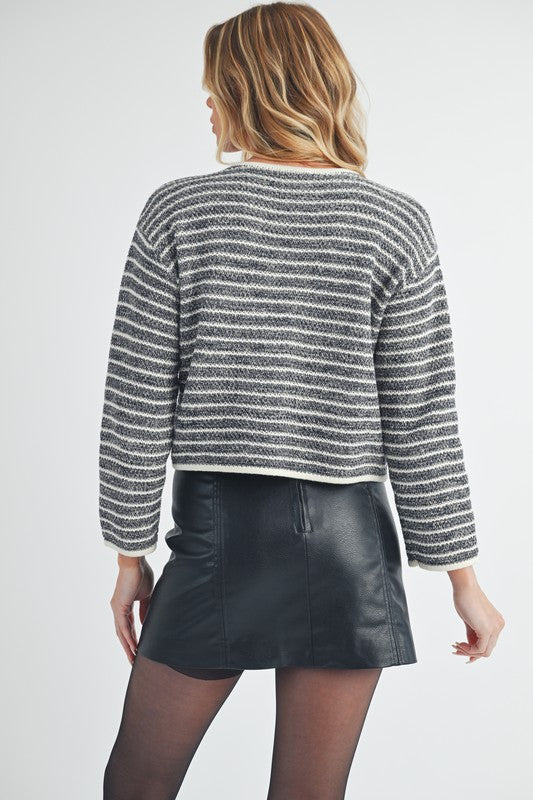 Aemi + Co Striped Button Down Round Neck Cardigan - The Goddess Galleries