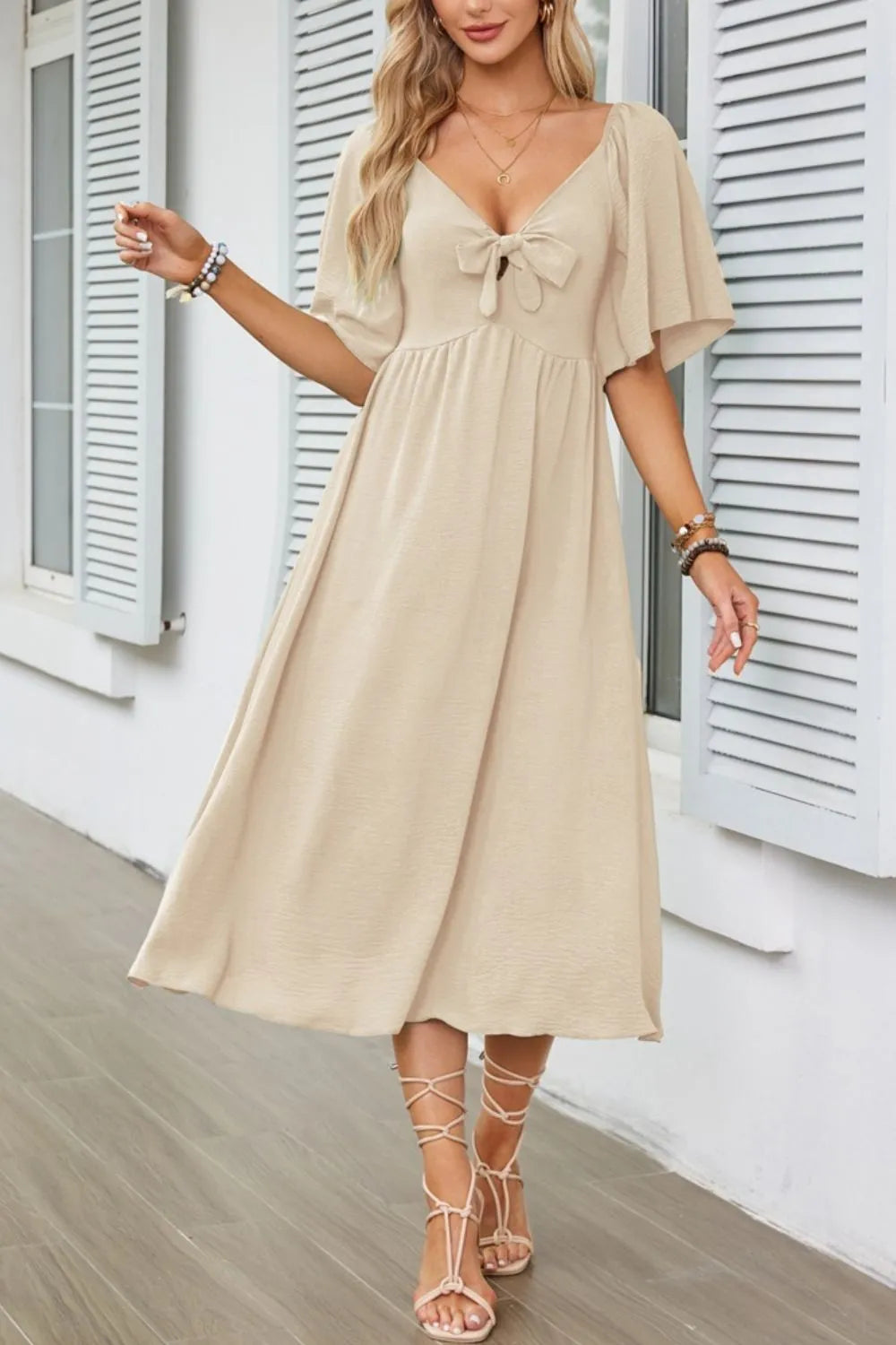 Smocked Tie Front Flutter Sleeve Midi Dress - The Goddess Galleries