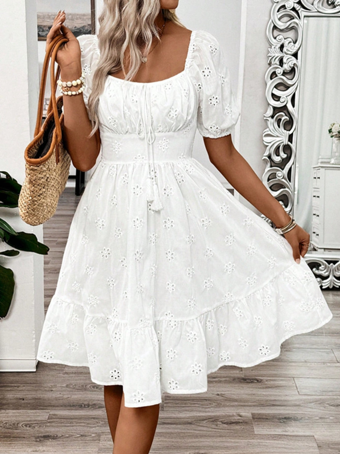 Smocked Eyelet Square Neck Puff Sleeve Mini Dress - The Goddess Galleries