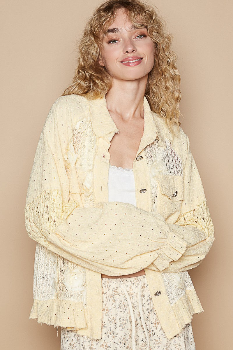 POL Eyelet Flower Pearl Detail Lace Patchwork Shirt - The Goddess Galleries