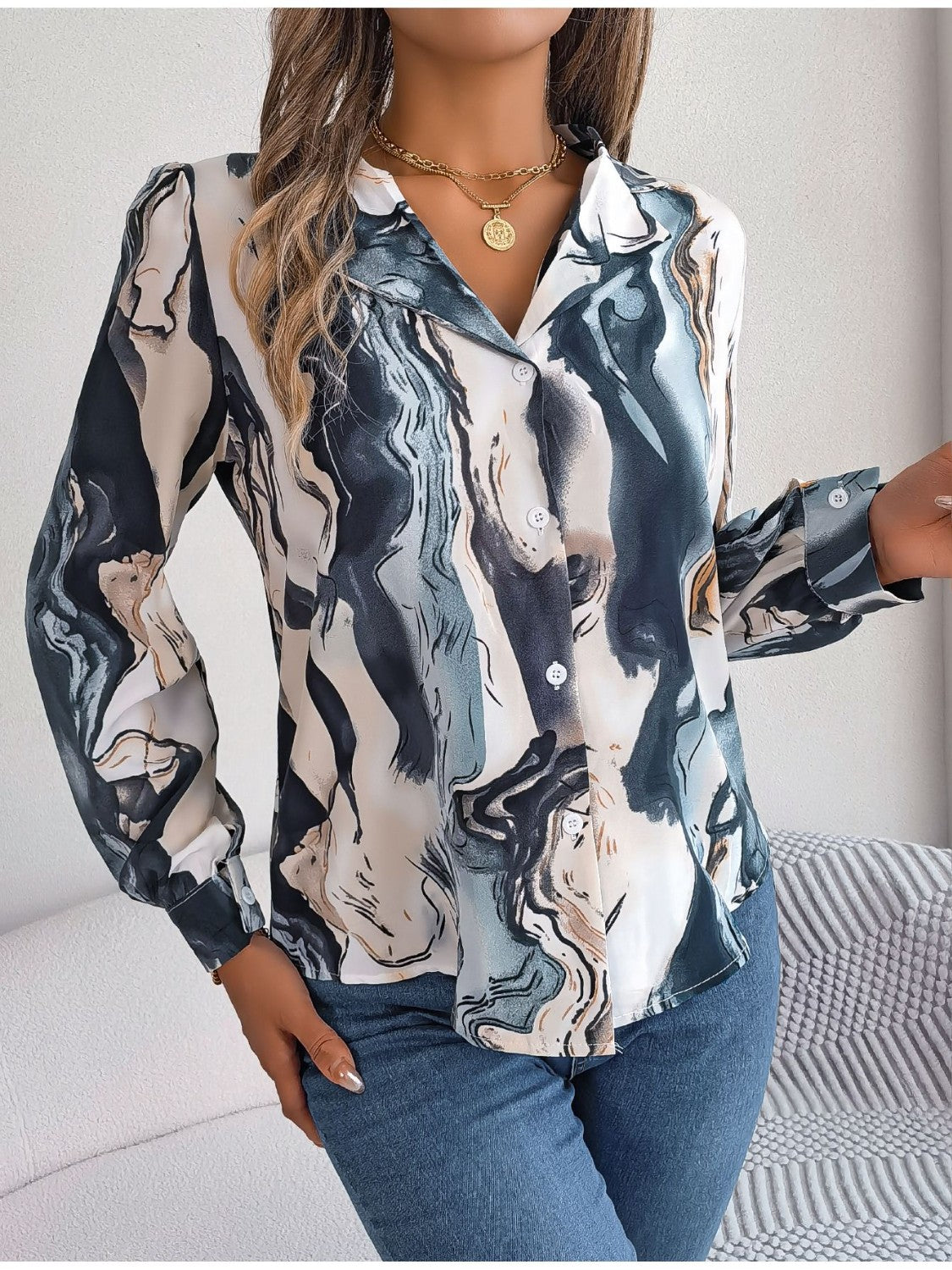 Printed Button Up Long Sleeve Shirt - The Goddess Galleries