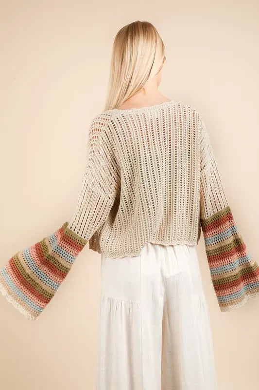 VERY J Color Block Bell Sleeve Openwork Cardigan - The Goddess Galleries