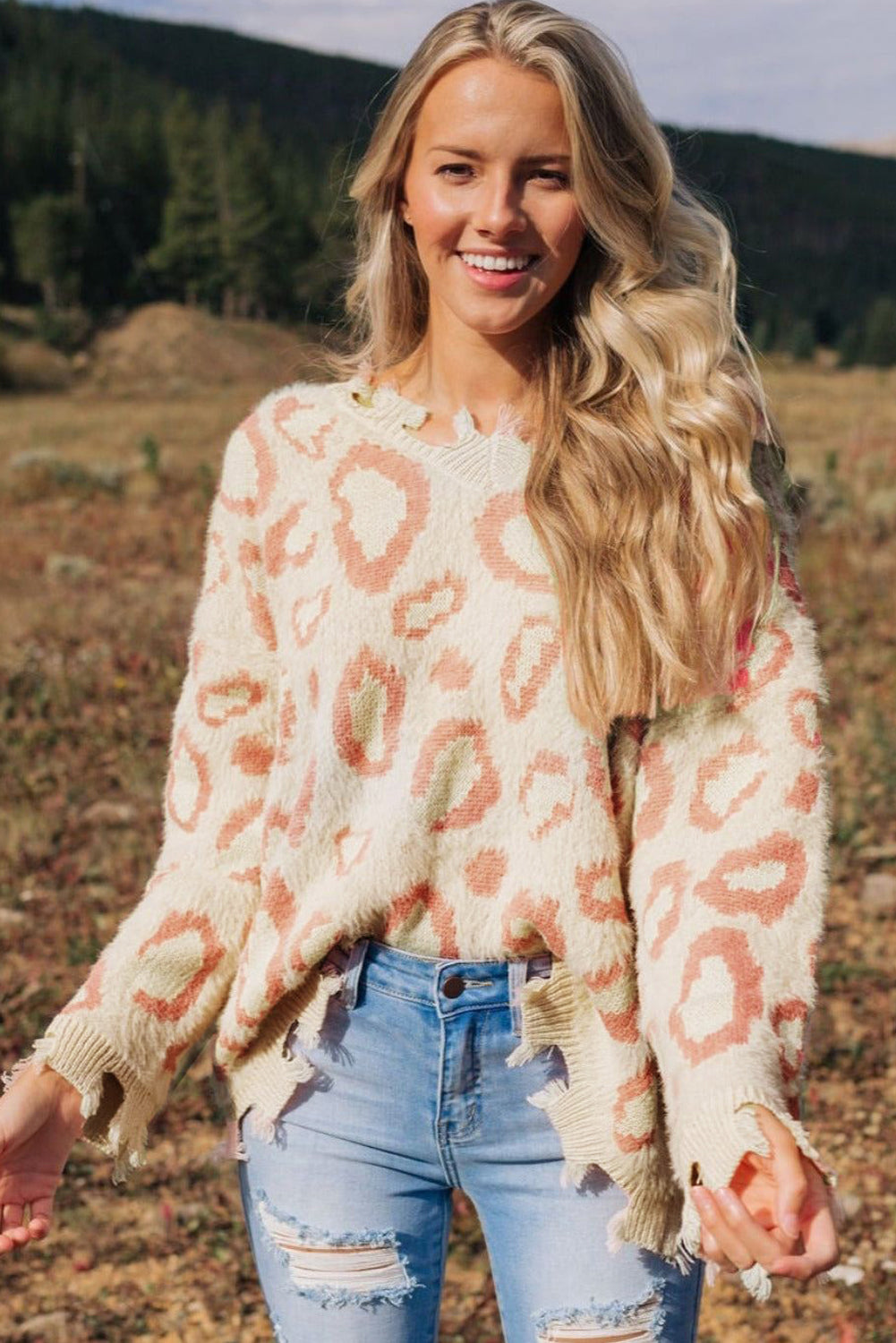 Distressed Trim Leopard V-Neck Sweater - The Goddess Galleries
