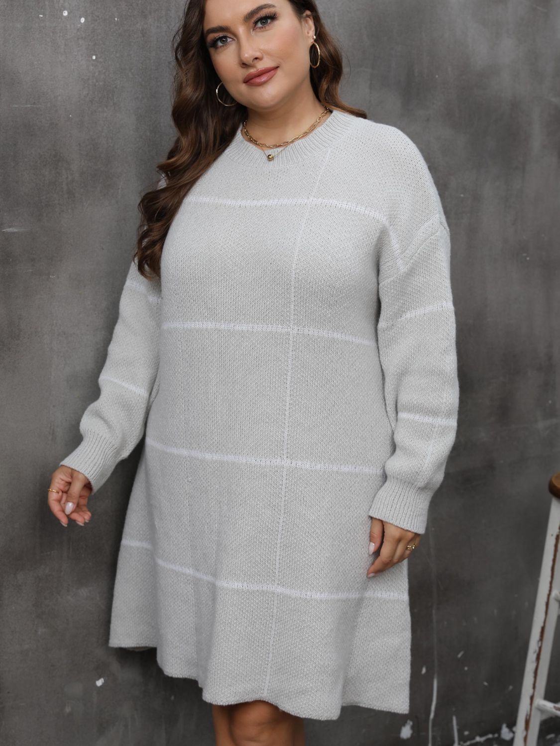 Plus Size Round Neck Long Sleeve Sweater Dress - The Goddess Galleries