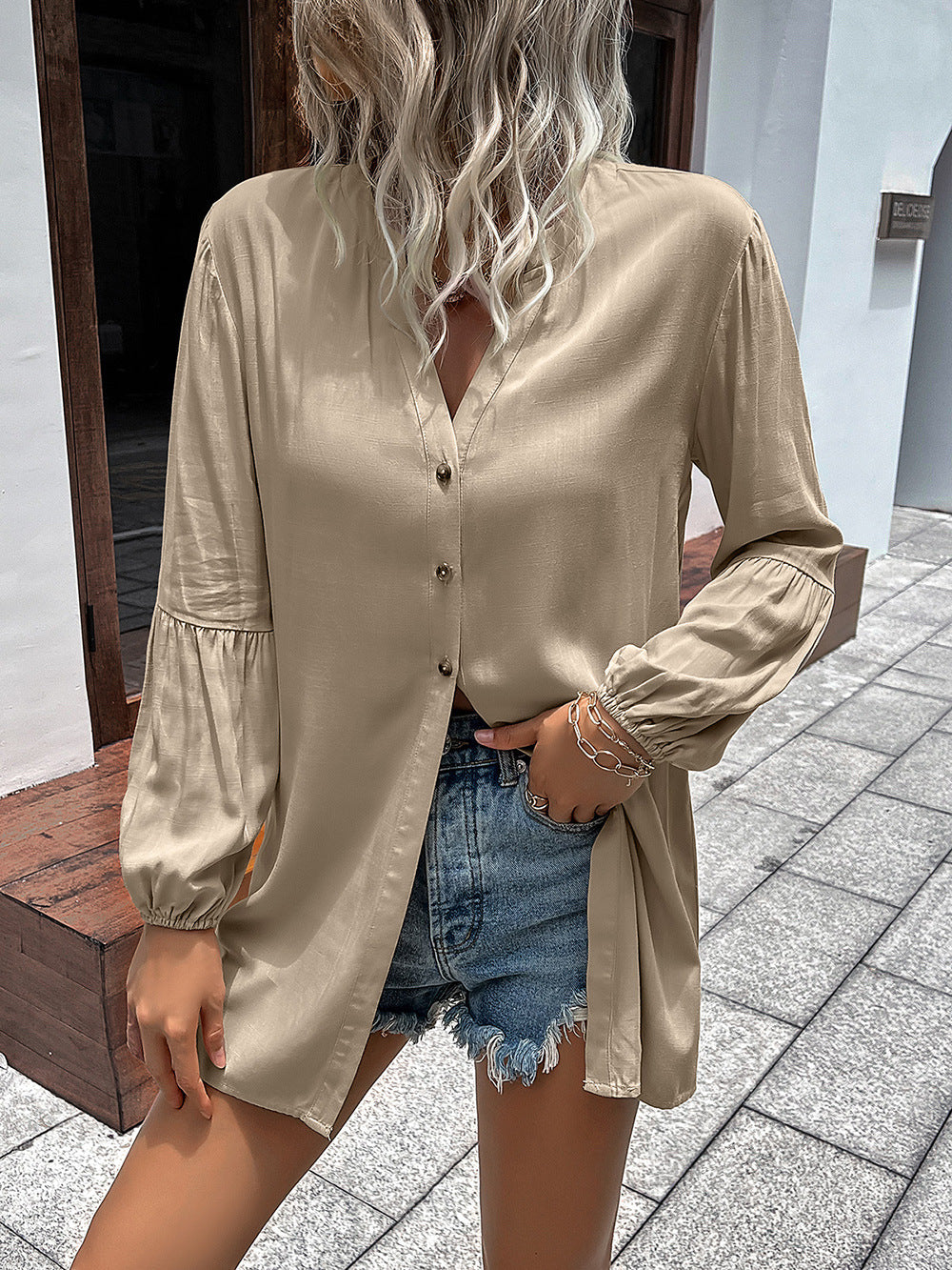 Ivy Lane Notched Neck Balloon Sleeve Shirt - The Goddess Galleries
