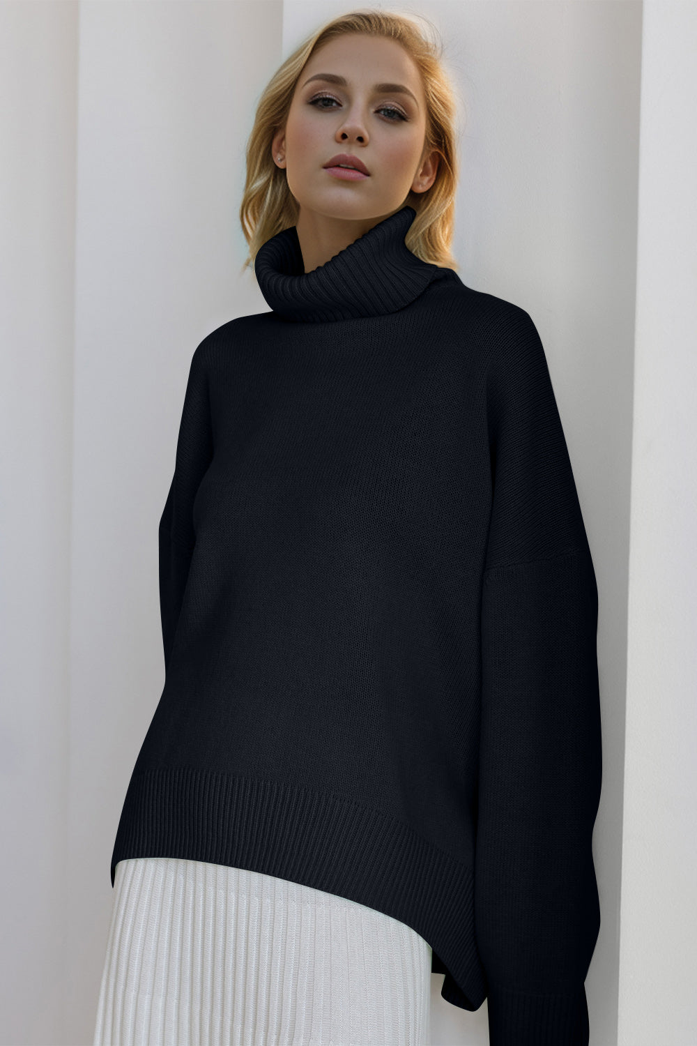 Basic Bae Turtleneck Dropped Shoulder Long Sleeve Sweater - The Goddess Galleries