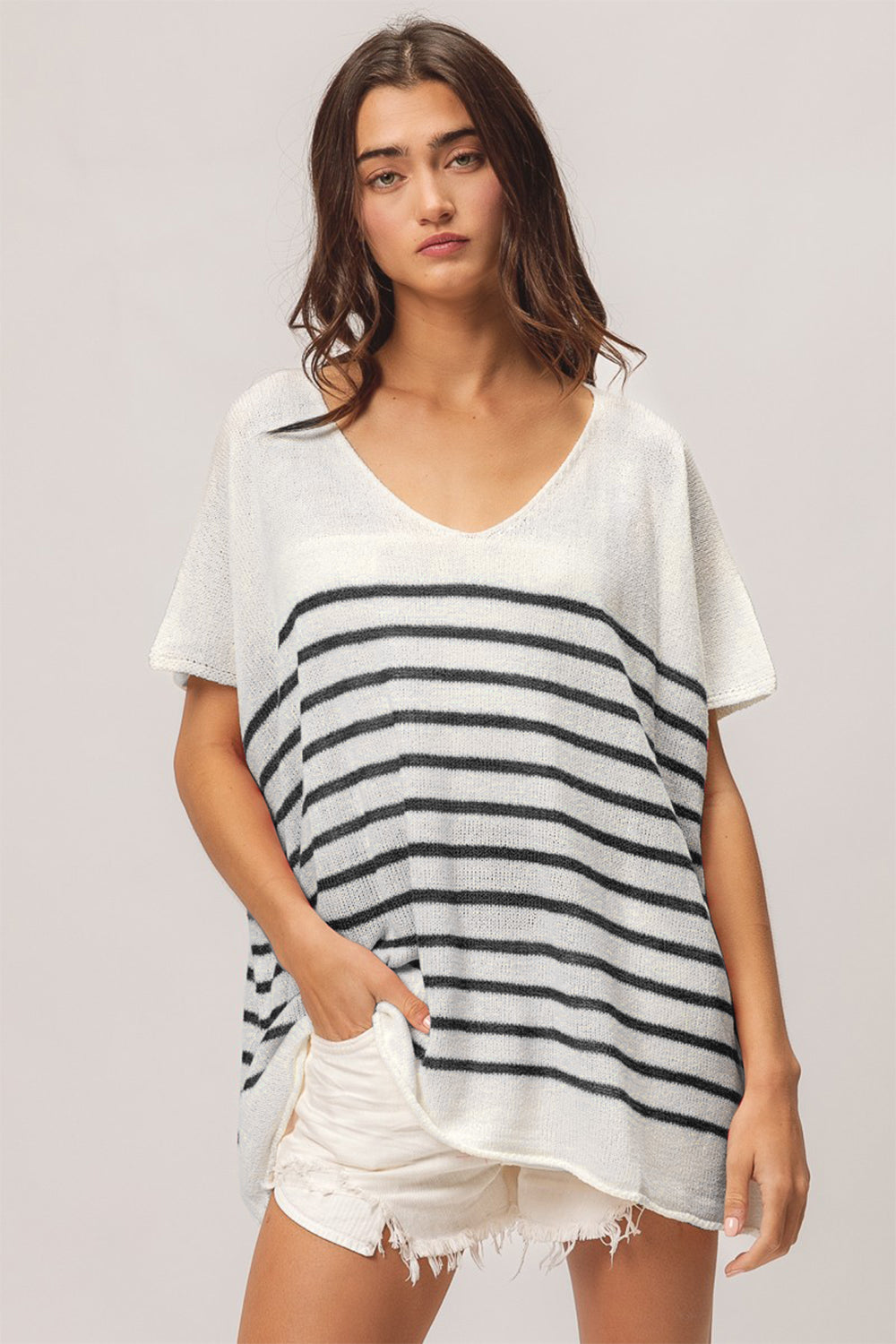 BiBi V Neck Striped Short Sleeve Top - The Goddess Galleries