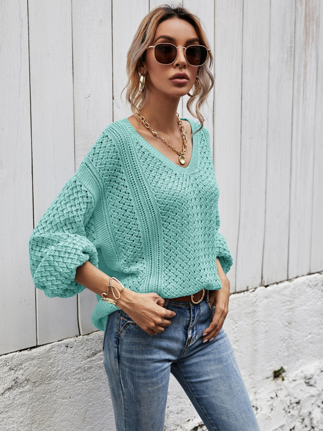 Angel Wings V-Neck Dropped Shoulder Sweater - The Goddess Galleries