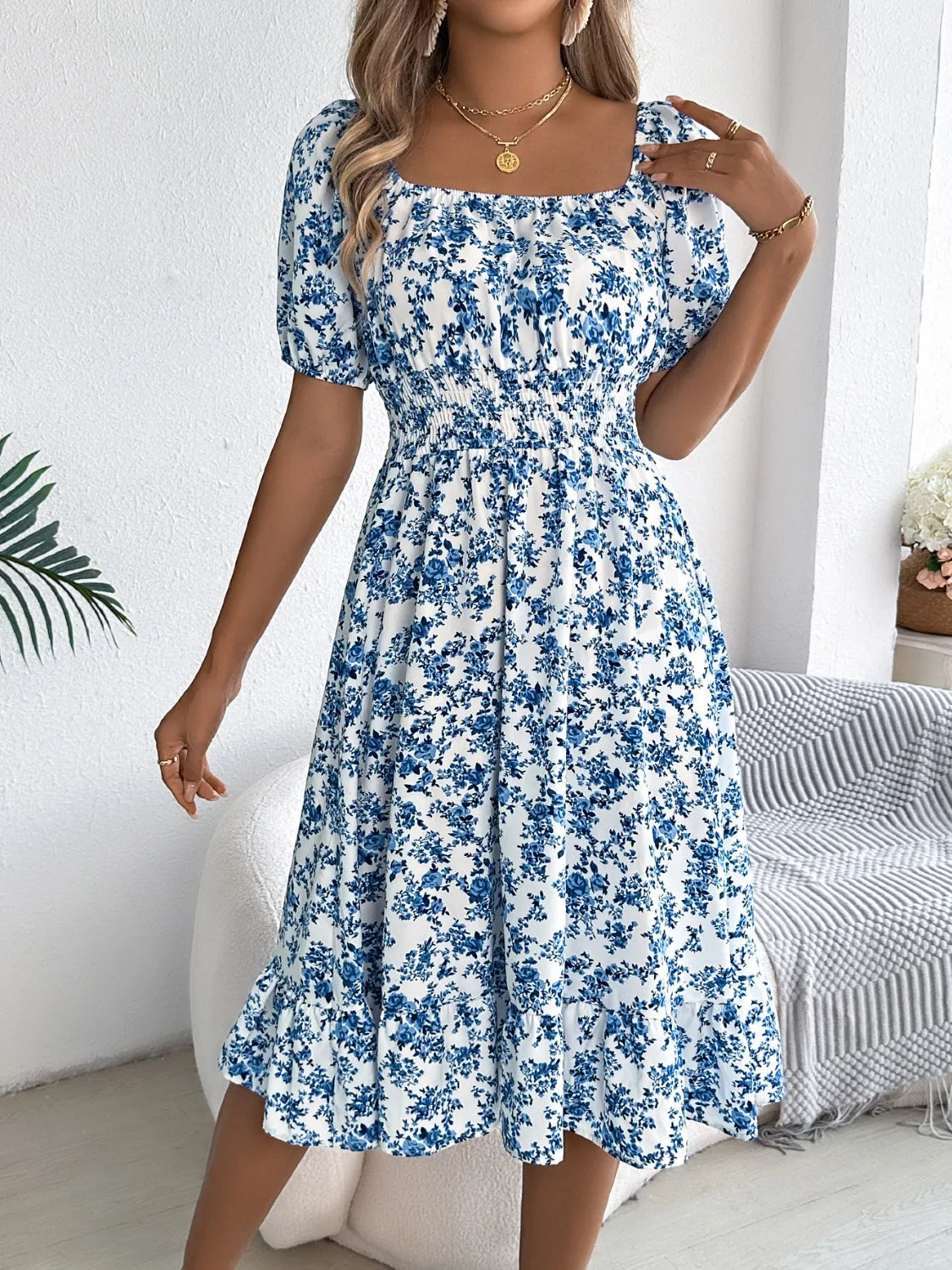 Ruffled Hem Floral Puff Sleeve Dress - The Goddess Galleries