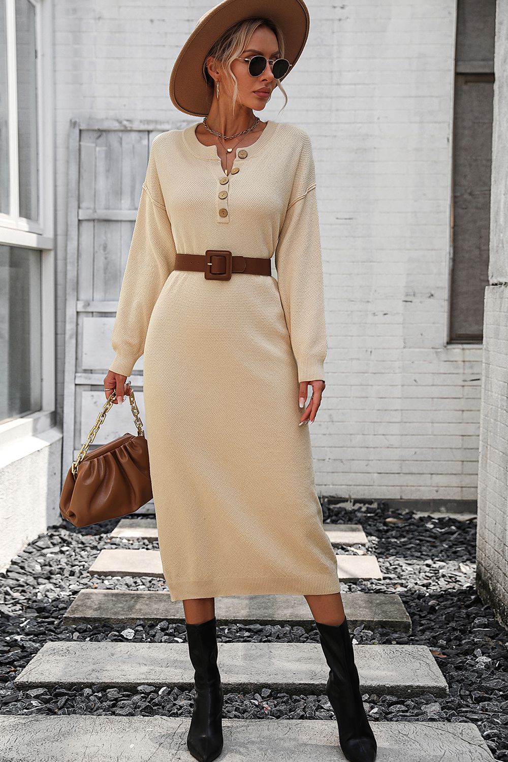 Decorative Button Notched Dropped Shoulder Sweater Dress - The Goddess Galleries