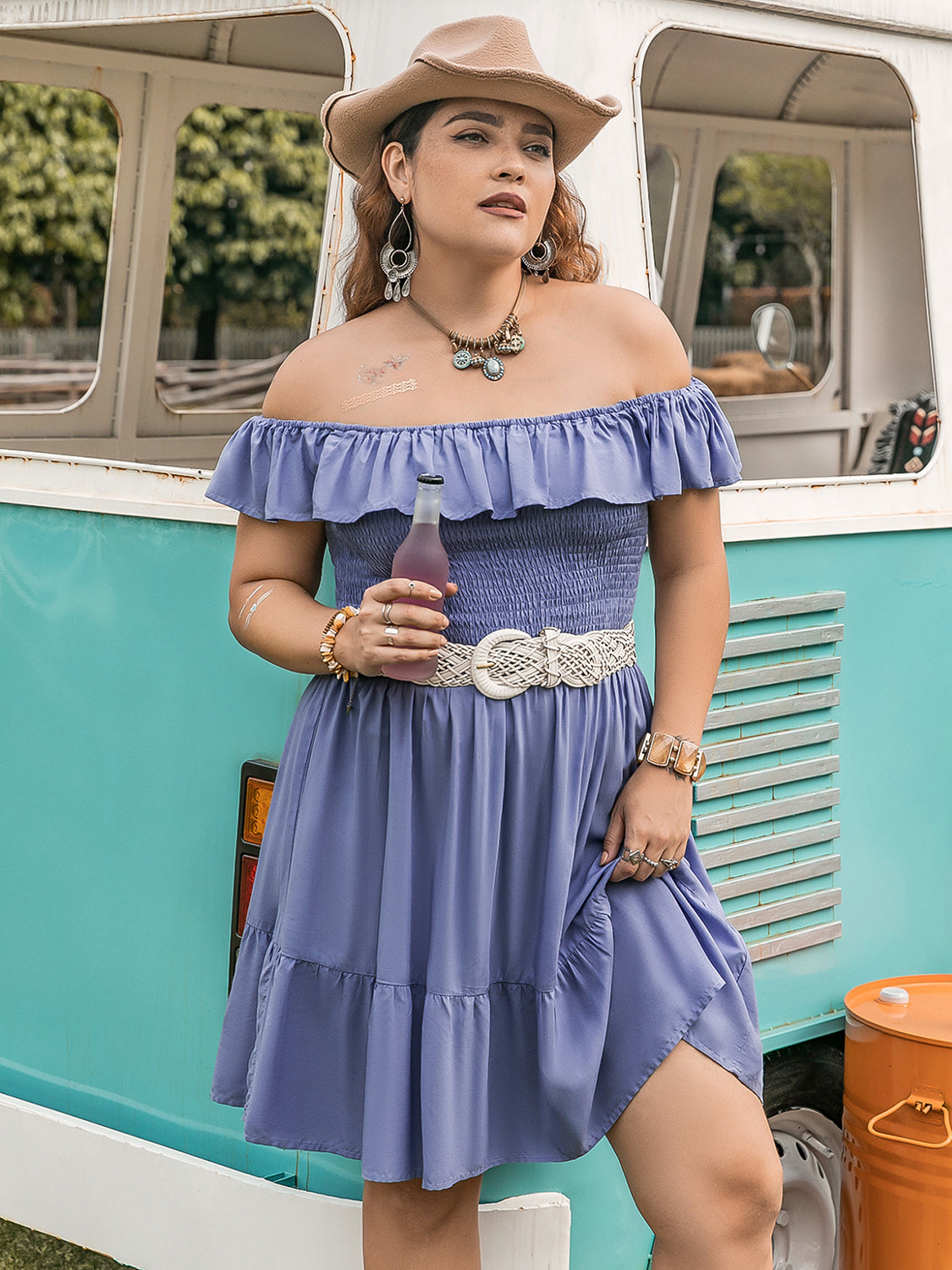 Plus Size Ruffled Smocked Off-Shoulder Mini Dress - The Goddess Galleries