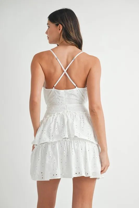 MABLE Lace Eyelet Ruffle Mini Dress With Front Cutout - The Goddess Galleries