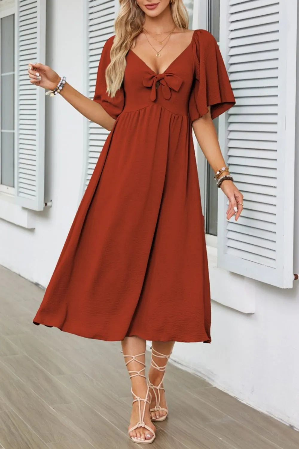 Smocked Tie Front Flutter Sleeve Midi Dress - The Goddess Galleries