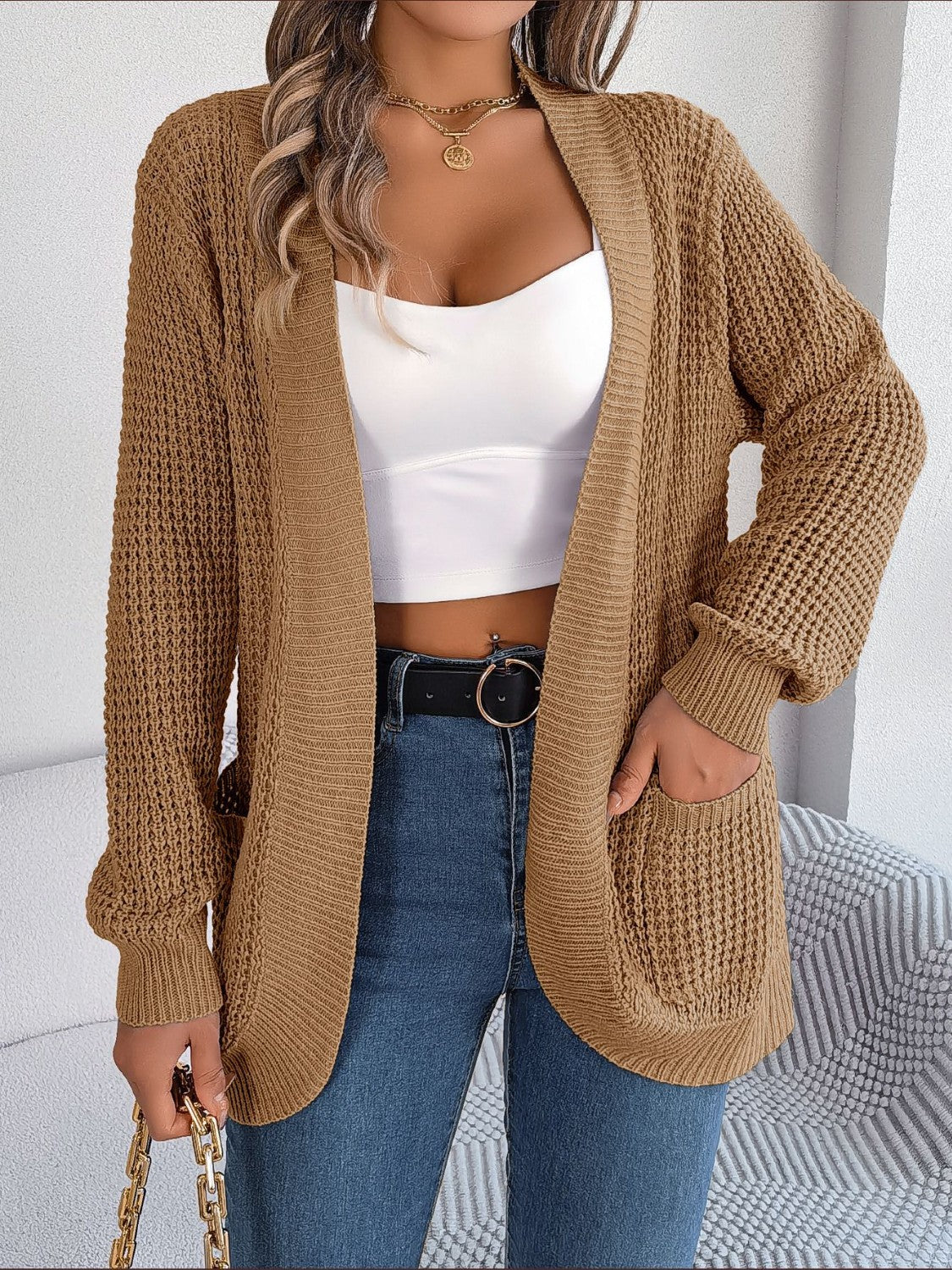 Open Front Long Sleeve Cardigan with Pockets - The Goddess Galleries