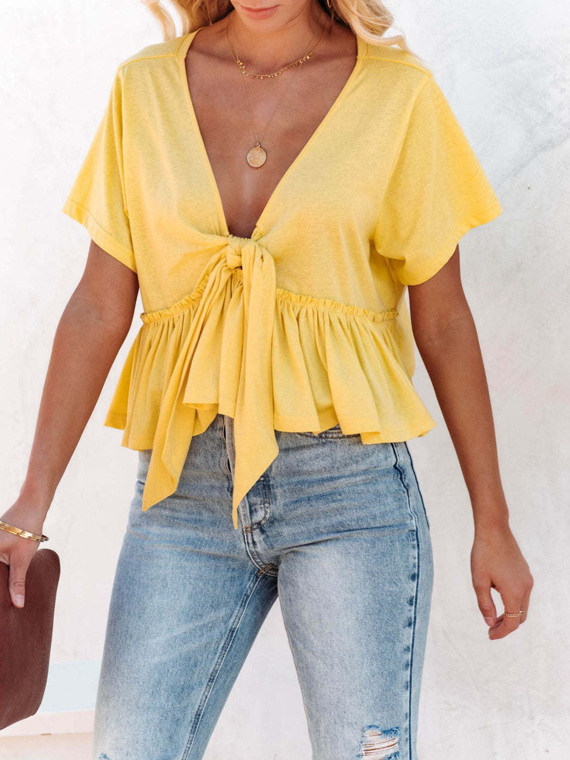 Tied Plunge Short Sleeve Blouse - The Goddess Galleries