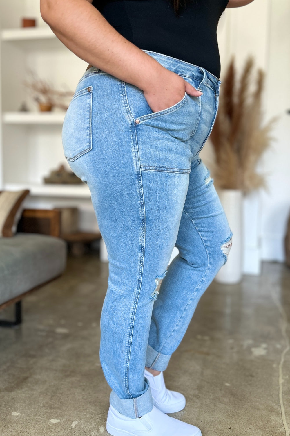 Judy Blue Full Size Distressed Straight Jeans with Patch Pockets - The Goddess Galleries