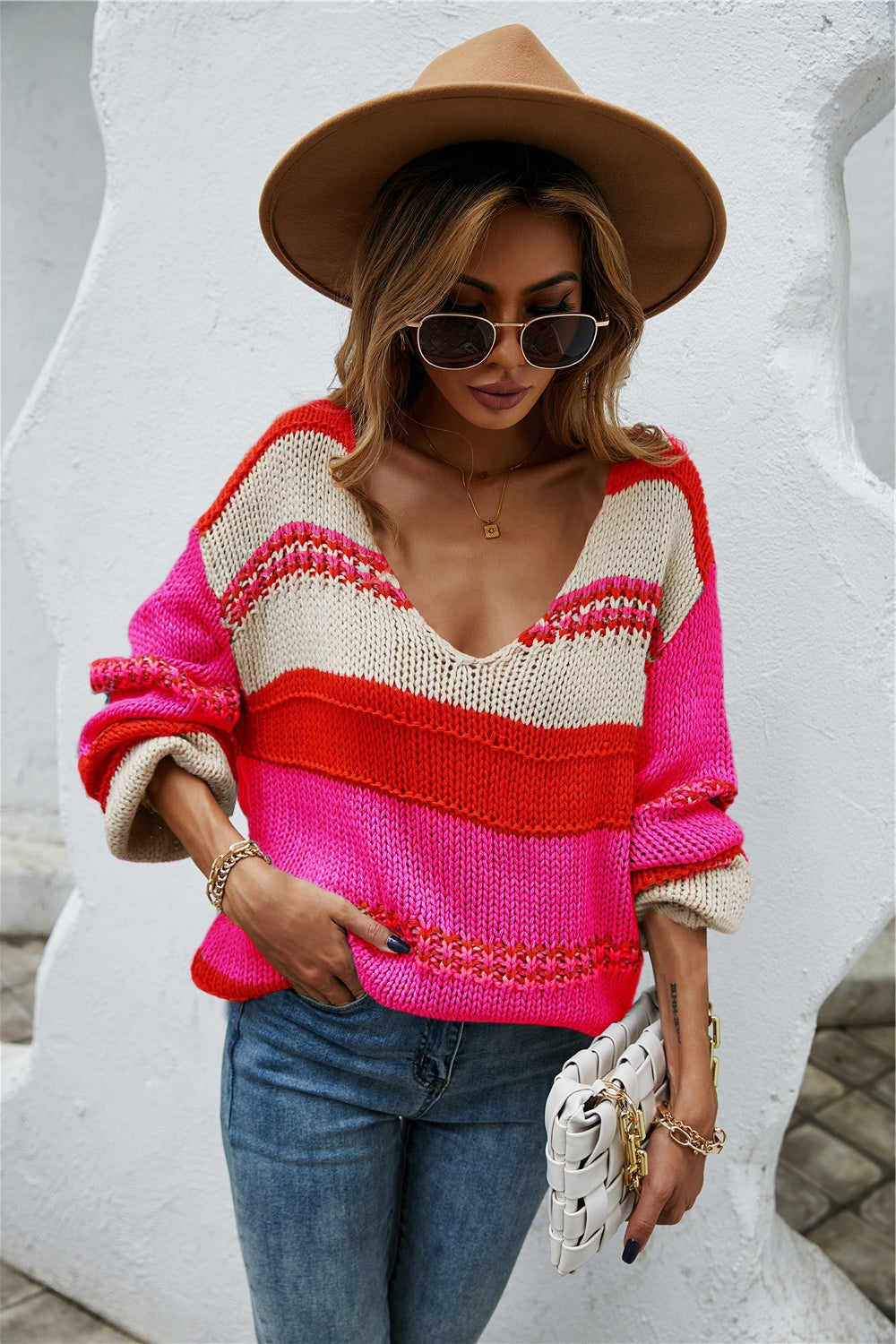 Angel Wings Color Block V-Neck Dropped Shoulder Sweater - The Goddess Galleries