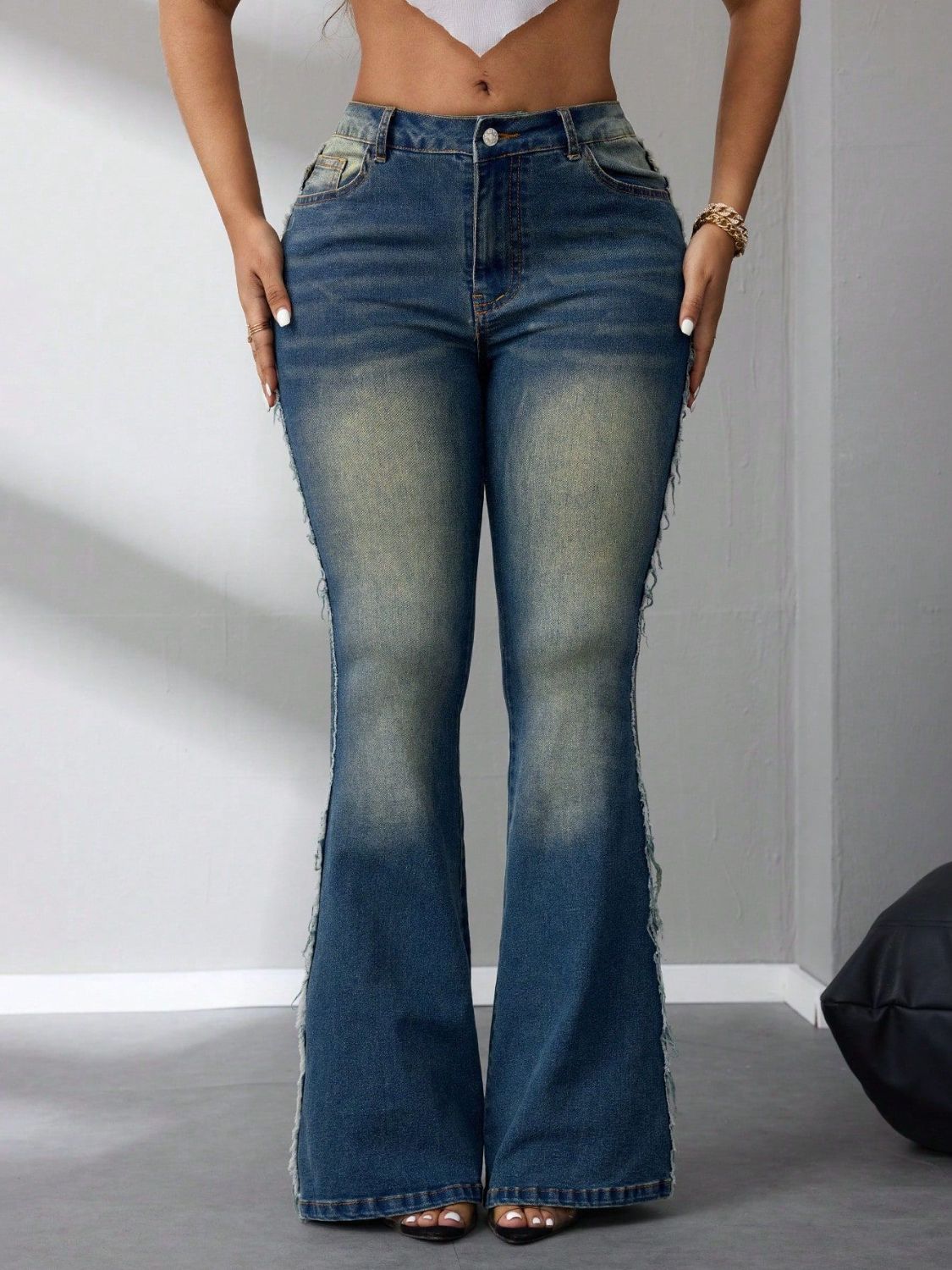 Side Raw Hem Flare Jeans - The Goddess Galleries