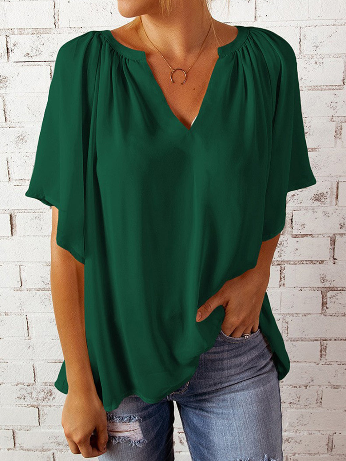 Ruched Notched Half Sleeve Blouse - The Goddess Galleries