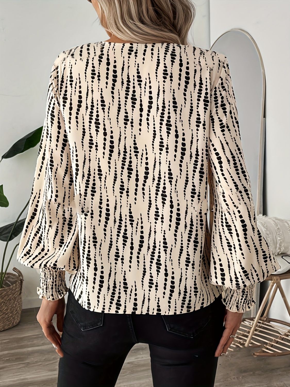 Printed V-Neck Lantern Sleeve Blouse - The Goddess Galleries