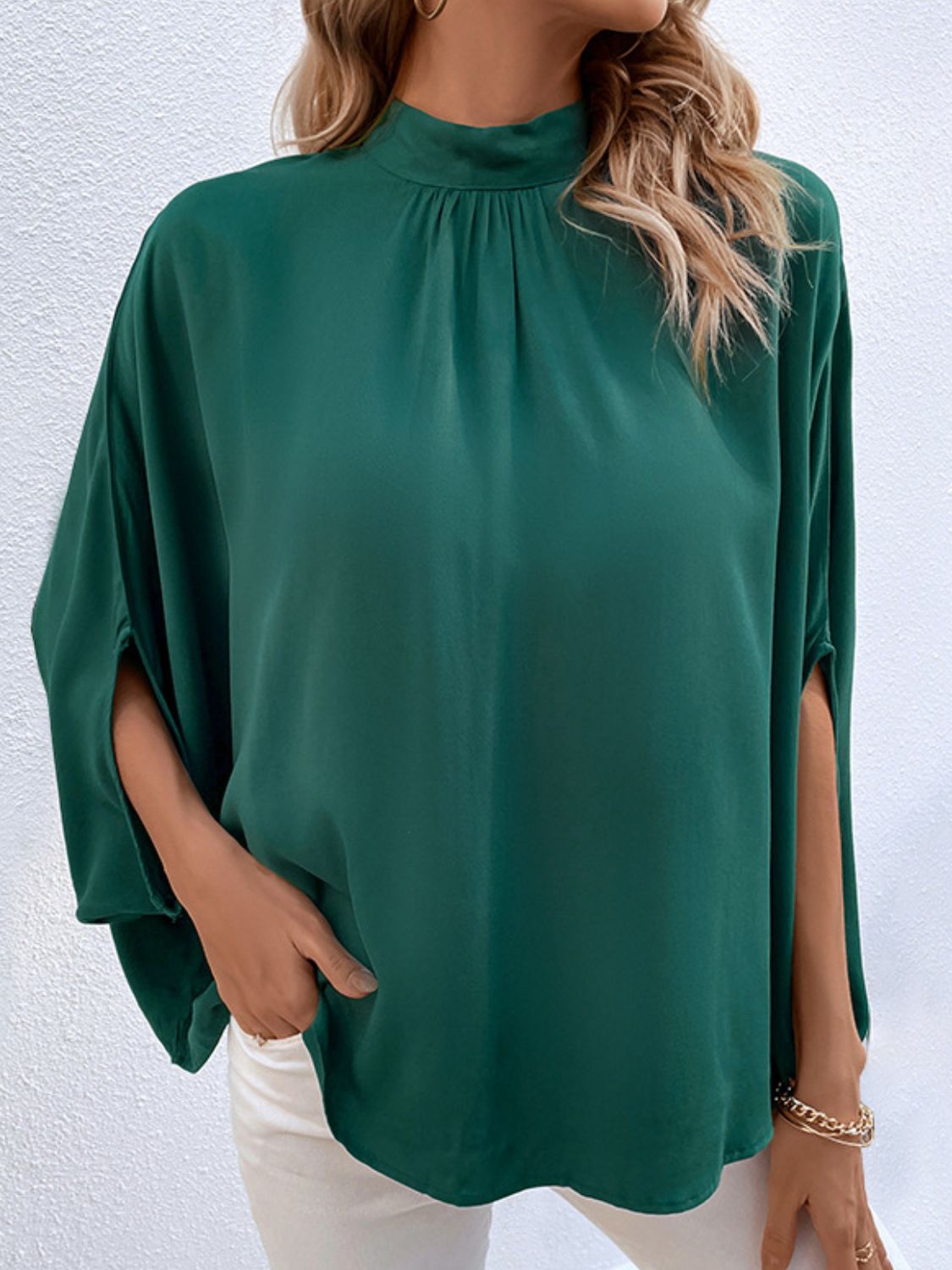 Perfee Tie Back Mock Neck Blouse - The Goddess Galleries