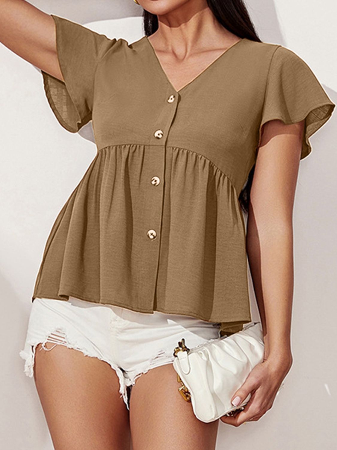 V-Neck Flutter Sleeve Blouse - The Goddess Galleries