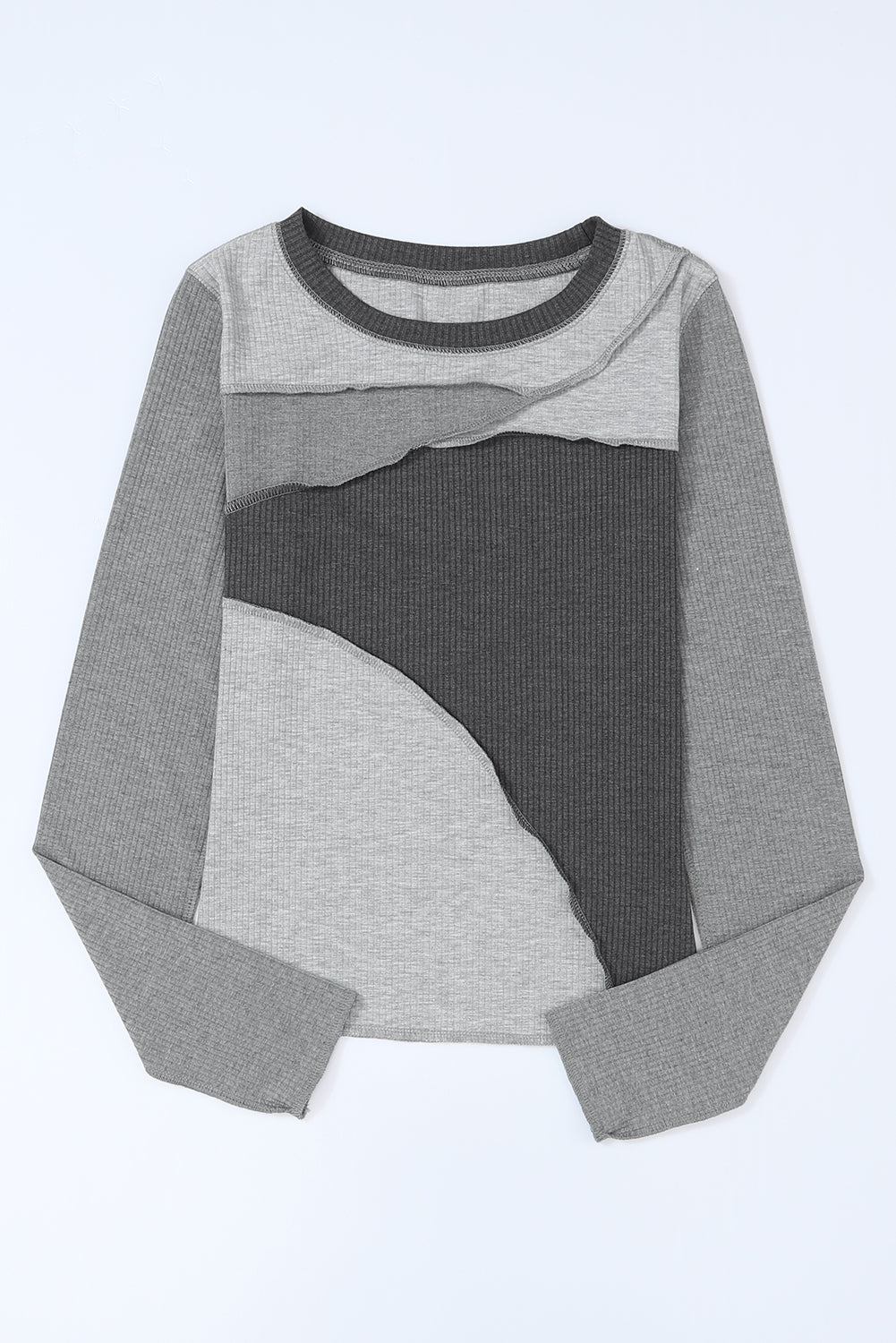 Exposed Seam Contrast Round Neck Long Sleeve T-Shirt - The Goddess Galleries